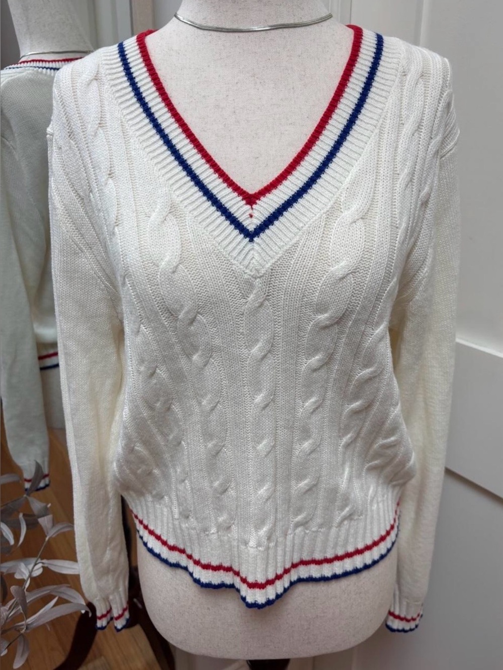 Divided Cream Cable Knit V-Neck Sweater with Red & Blue Trim